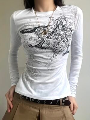 White Y2K Graphic Fitted Top