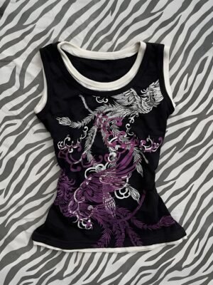 “A Y2K Japanese-Style Phoenix Graphic Double-Layer Top”