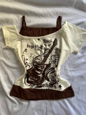 “Vintage Grunge Rock Cold-Shoulder Top”