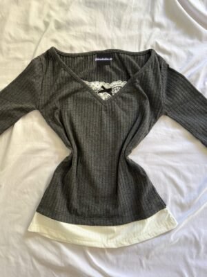“Gray Lace Henley Top”