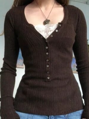 “Brown Lace Henley Top”