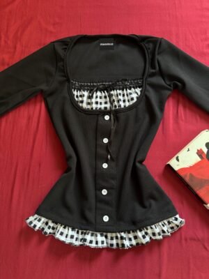“Black Stretchy Top with Checkered Pattern”