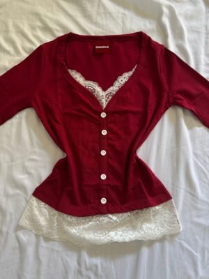 “Red Lace Henley Top”